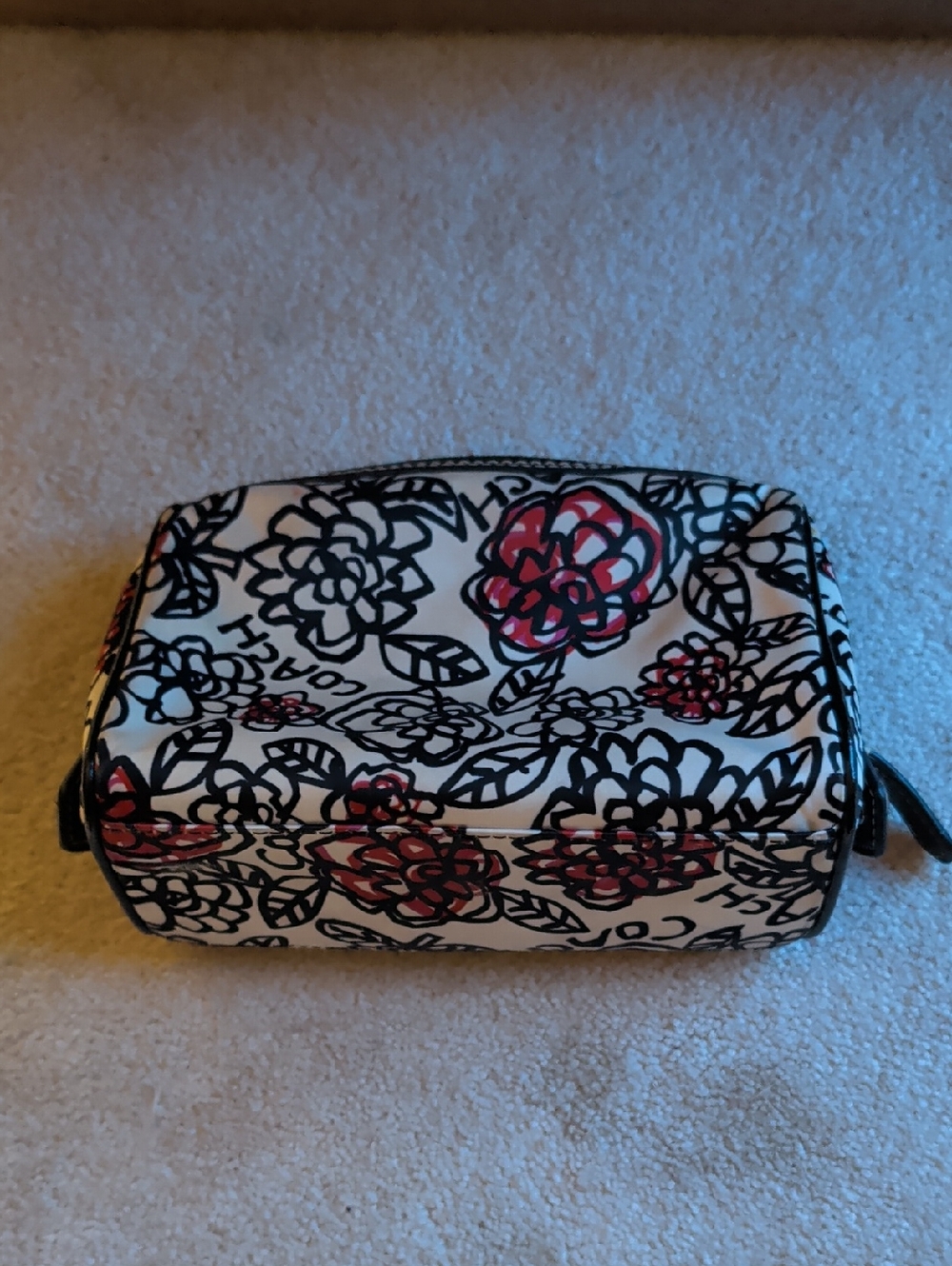 Coach White Cosmetic Pouch with Black Outline and Red Floral Accents